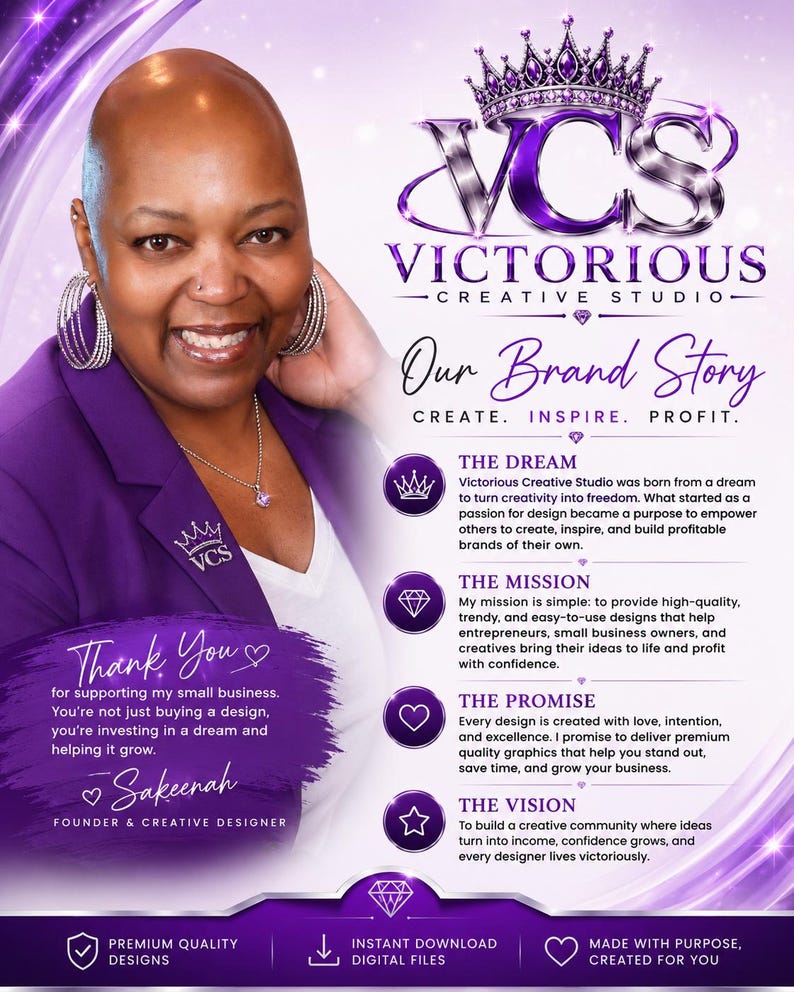 May include: A promotional flyer for Victorious Creative Studio featuring a purple and white color scheme. The text includes Our Brand Story, The Dream, The Mission, The Promise, The Vision, and a thank you note from founder Sakeenah.