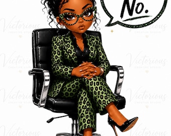 Könnte beinhalten: Illustration einer Frau in einem grünen Leopardenanzug, die auf einem schwarzen Bürostuhl sitzt. Sie trägt eine Brille und schwarze Absätze. Eine Sprechblase sagt "Respektvoll, Nein." Das Bild enthält den Text "Victorious Creative Studio".