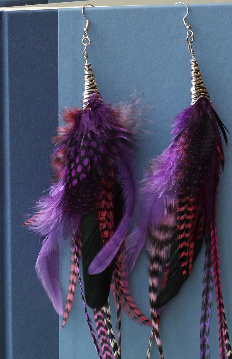 Purple and Grizzley rooster feathers Long Feather Earrings