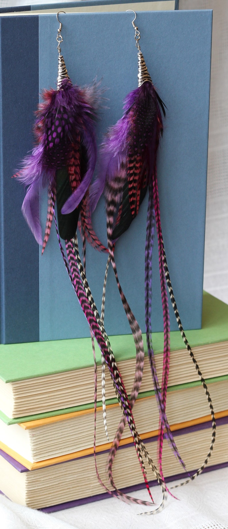 Purple and Grizzley rooster feathers Long Feather Earrings
