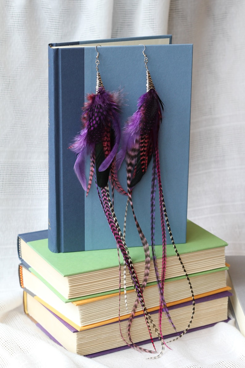 Purple and Grizzley rooster feathers Long Feather Earrings