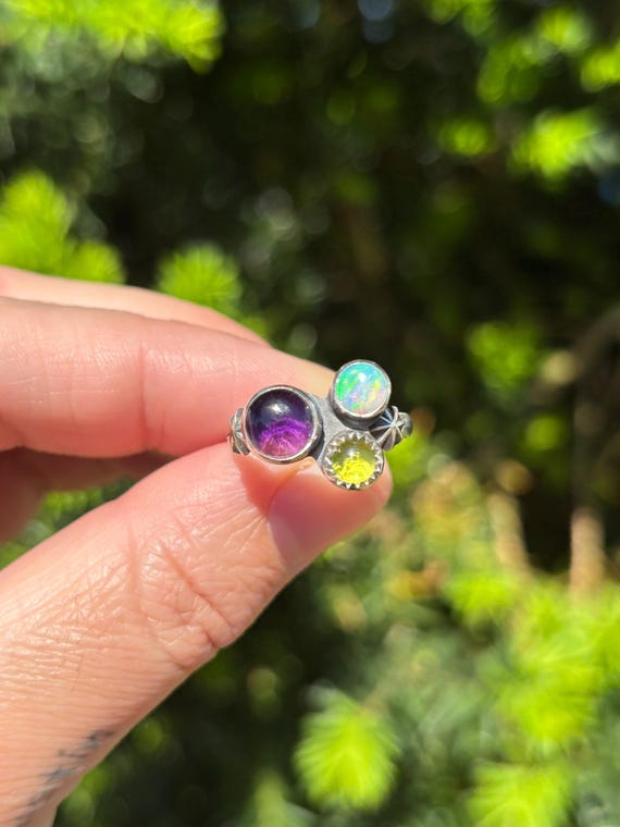 SIZE JSK Amethyst, Peridot, and Opal Sterling Silver Ring