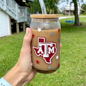 Texas A&M Glass | Gig ‘Em Aggies Iced Coffee Cup | Glass Jar with Lid and Straw