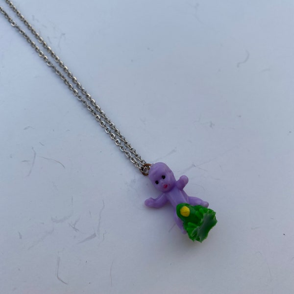 Purple Plastic Baby on Frog Necklace, Sterling Silver quirky funny necklace
