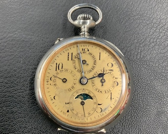 Antique Segunda Mano Swiss Made Calendar Moon Phase Pocket Watch 1890’s