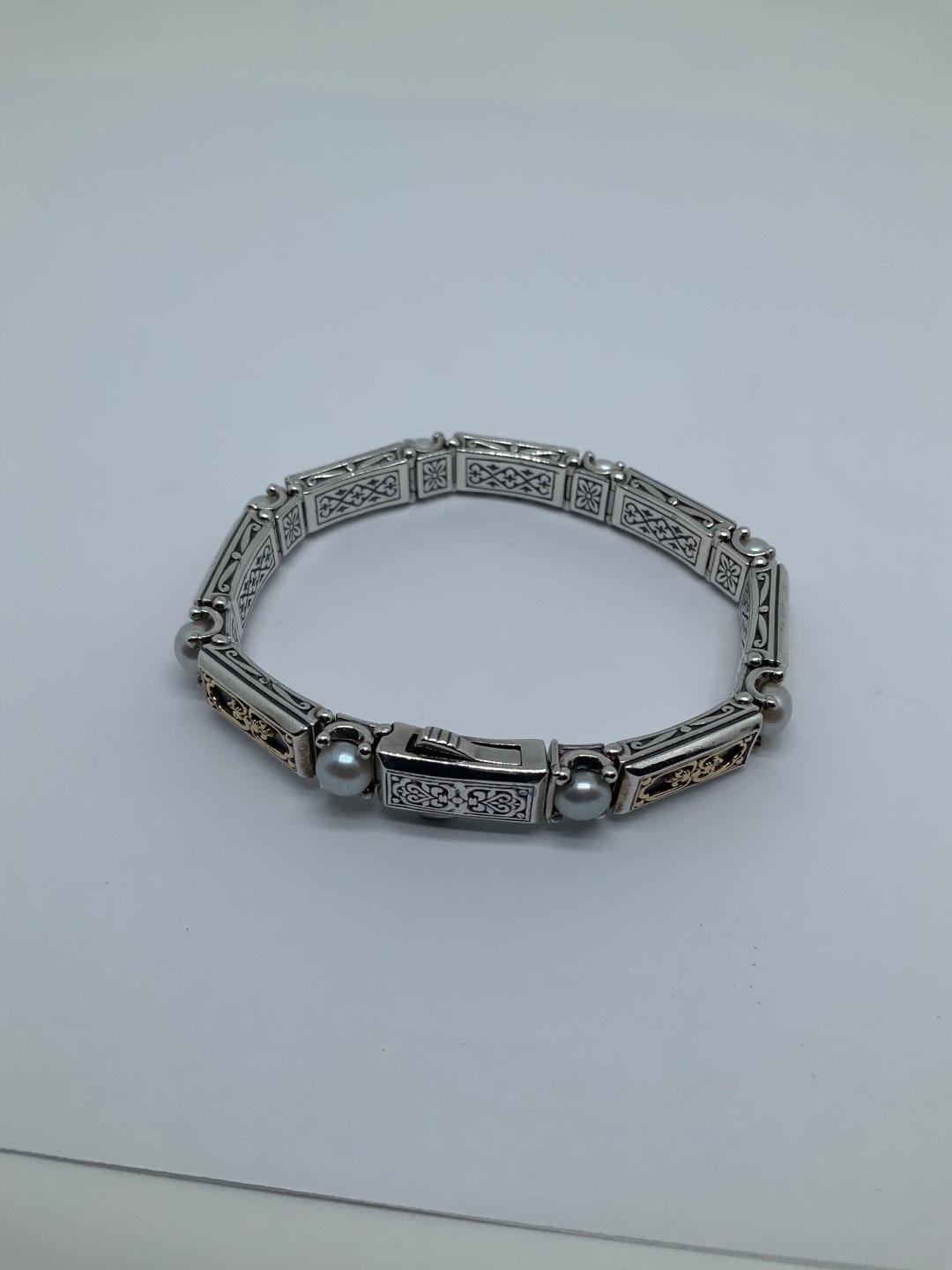 Konstantino Etched Sterling Silver/18k Gold Link Bracelet With Pearls