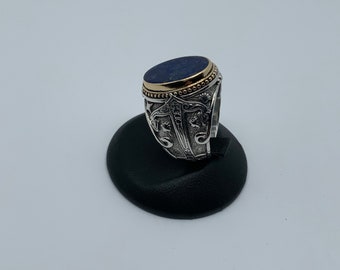 Anillo Konstantino de plata de ley, oro de 18 quilates y lapislázuli azul, tamaño 9 1/2