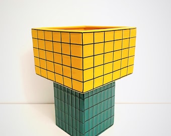 Geometric vase, Memphis-inspired POP ART design, in green and yellow ceramic