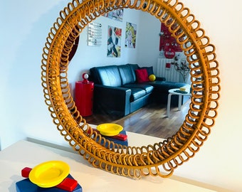 Runder Bonacina-Spiegel aus Bambusgeflecht aus den 70er Jahren, hergestellt in Italien im Vintage-Design