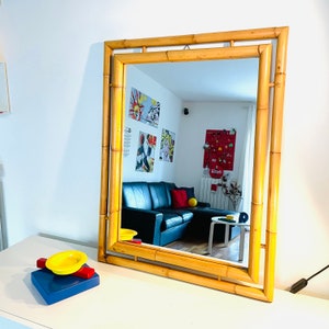 XL large bamboo wicker mirror by Bonacina 60s Vintage & Design Made in Italy