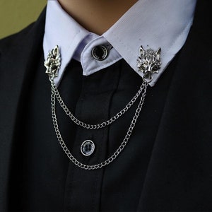 New Chain Wolf Pin Brooches for Men's suit Collar Decorated Wolf Head Shirt Accessories Tide Corsage