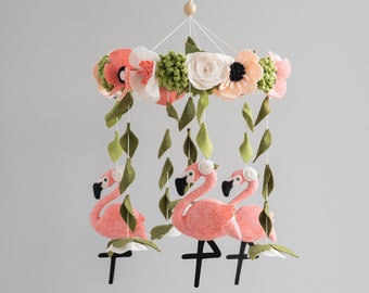 Flamenco móvil para bebés, móvil floral, decoración de guardería para niñas, regalo para nuevos padres