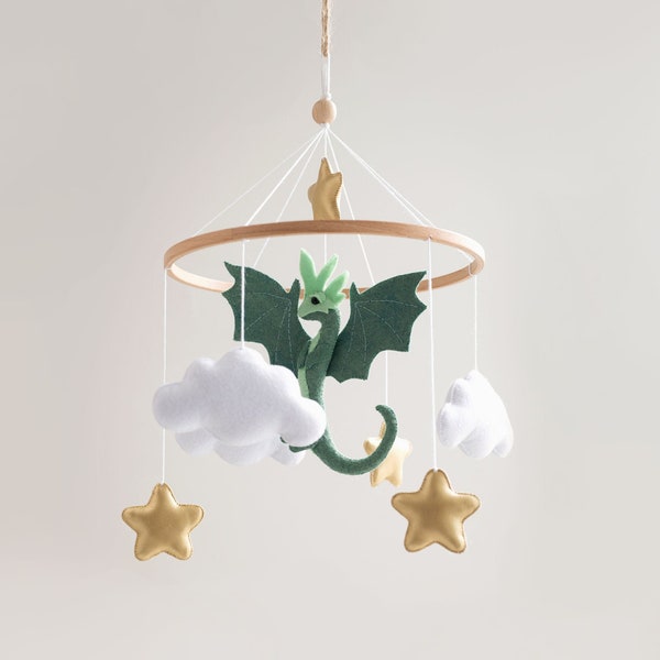 Dragon mobile nursery, clouds and gold stars baby mobile, fantasy nursery decor