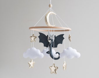 Baby mobile dragon, moon and star mobile, fairy tale nursery, baby shower gift