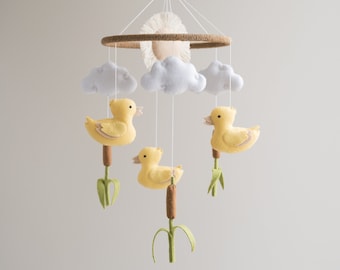 Baby mobile yellow duck, duck pond, lake nursery decor.