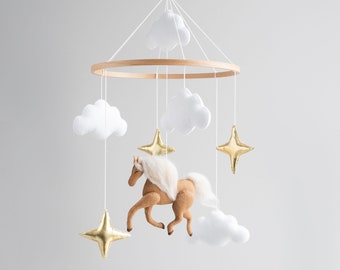 Horse baby mobile for neutral nursery,  clouds and gold stars crib mobile, mom to be gift