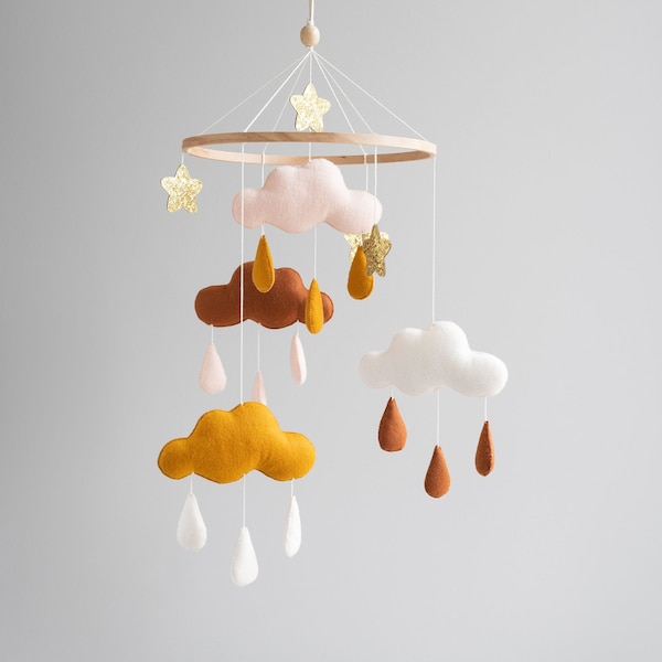 Clouds mobile nursery, neutral gender nursery mobile, gold baby mobile, star mobile, clouds hanging decor