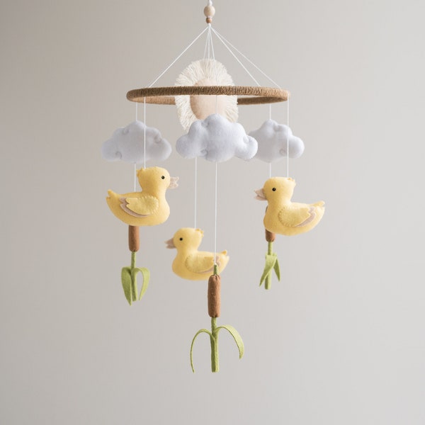 Baby mobile yellow duck, duck pond, lake nursery decor.