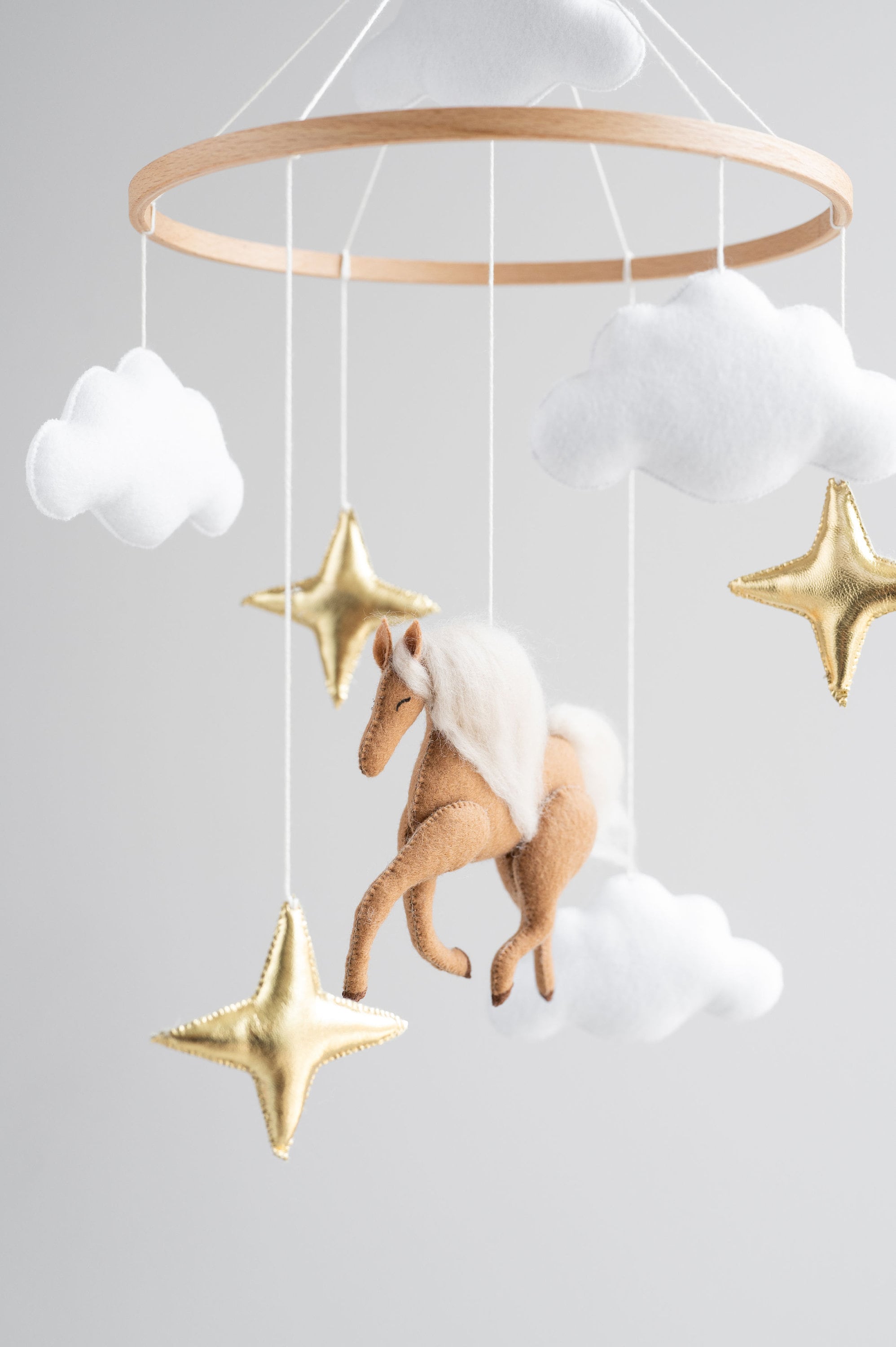 Horse baby mobile for neutral nursery clouds and gold stars Etsy