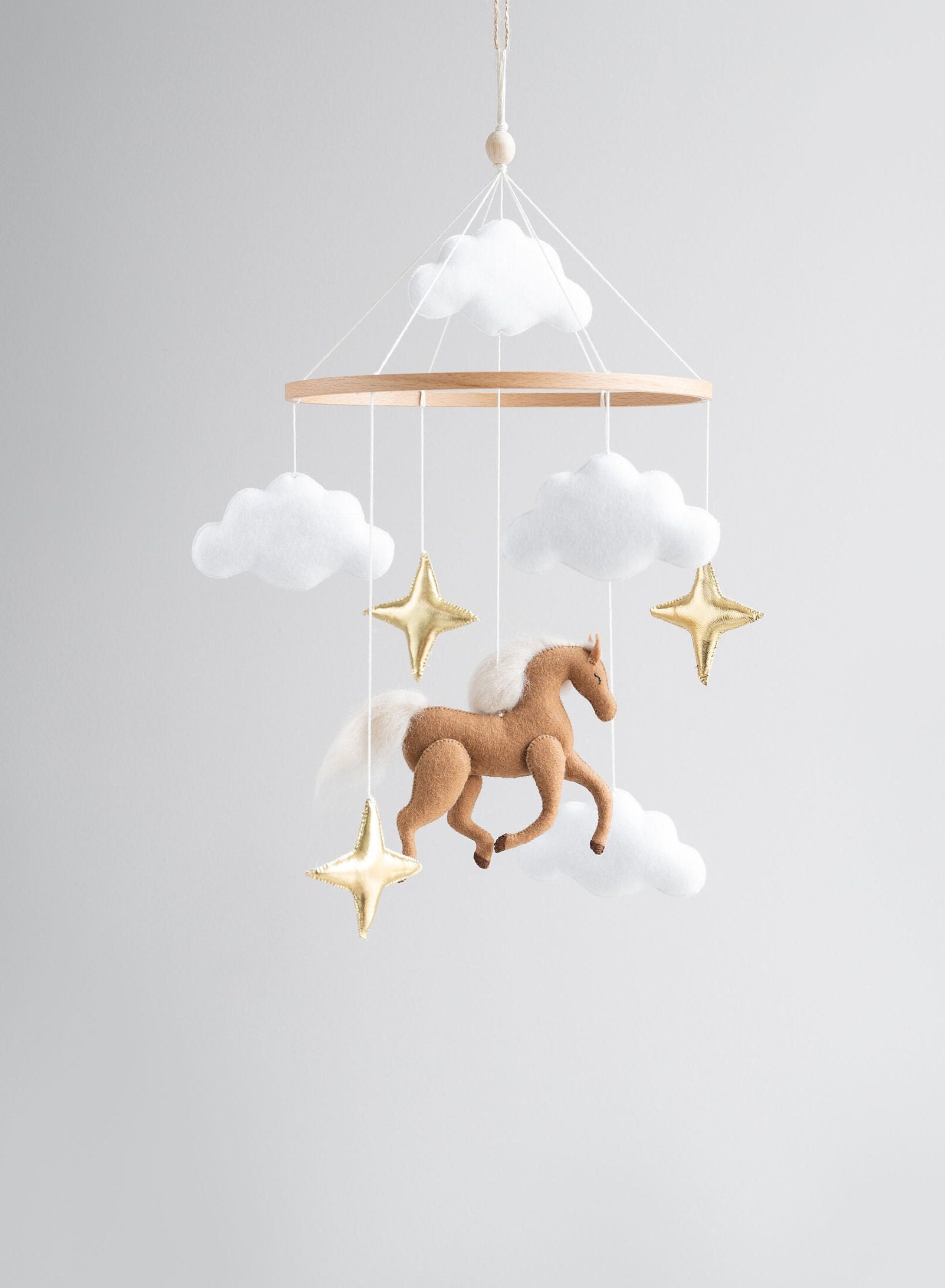 Horse baby mobile for neutral nursery clouds and gold stars Etsy