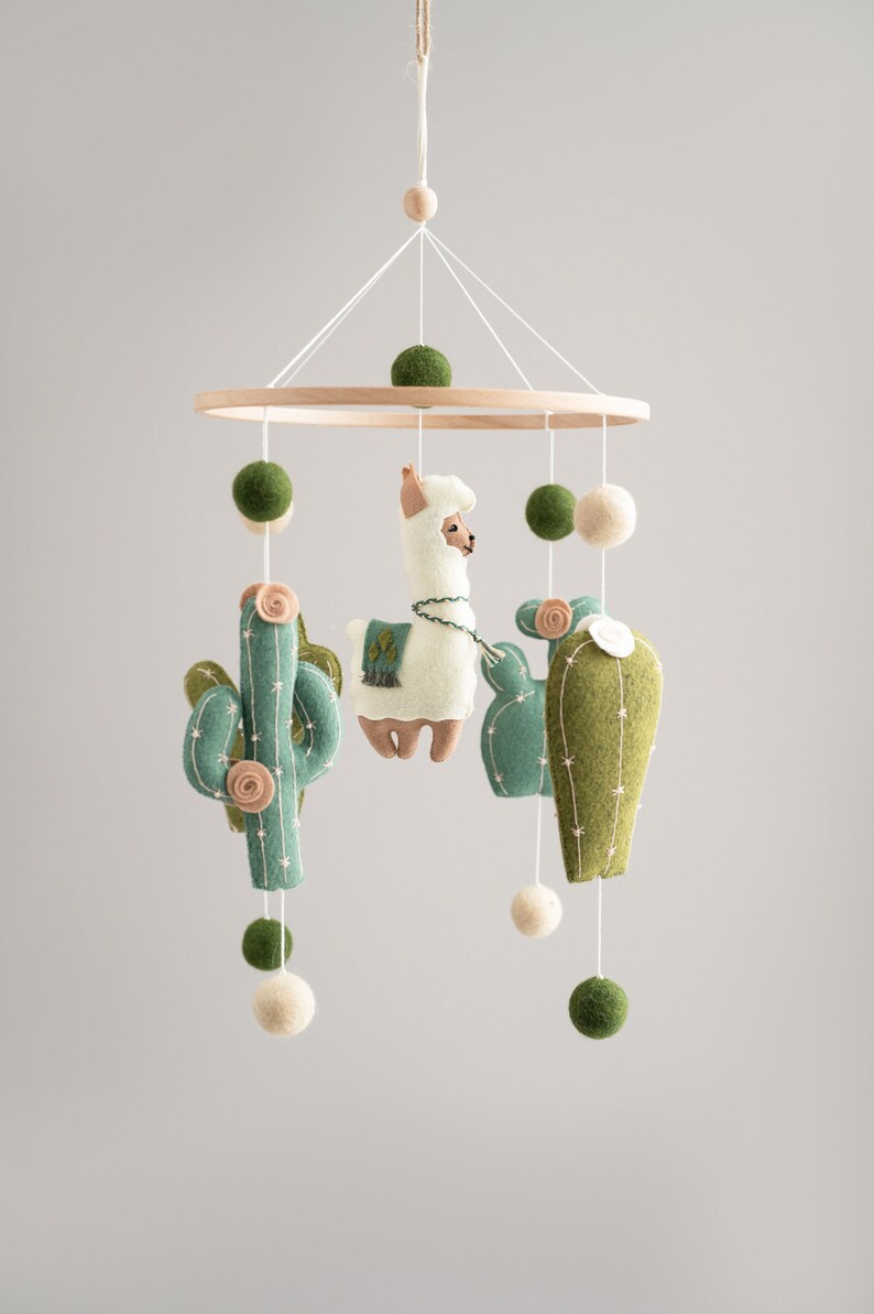 Llama baby mobile, cactus mobile, llama nursery decor, boho nursery mobile, crib baby mobile image 2