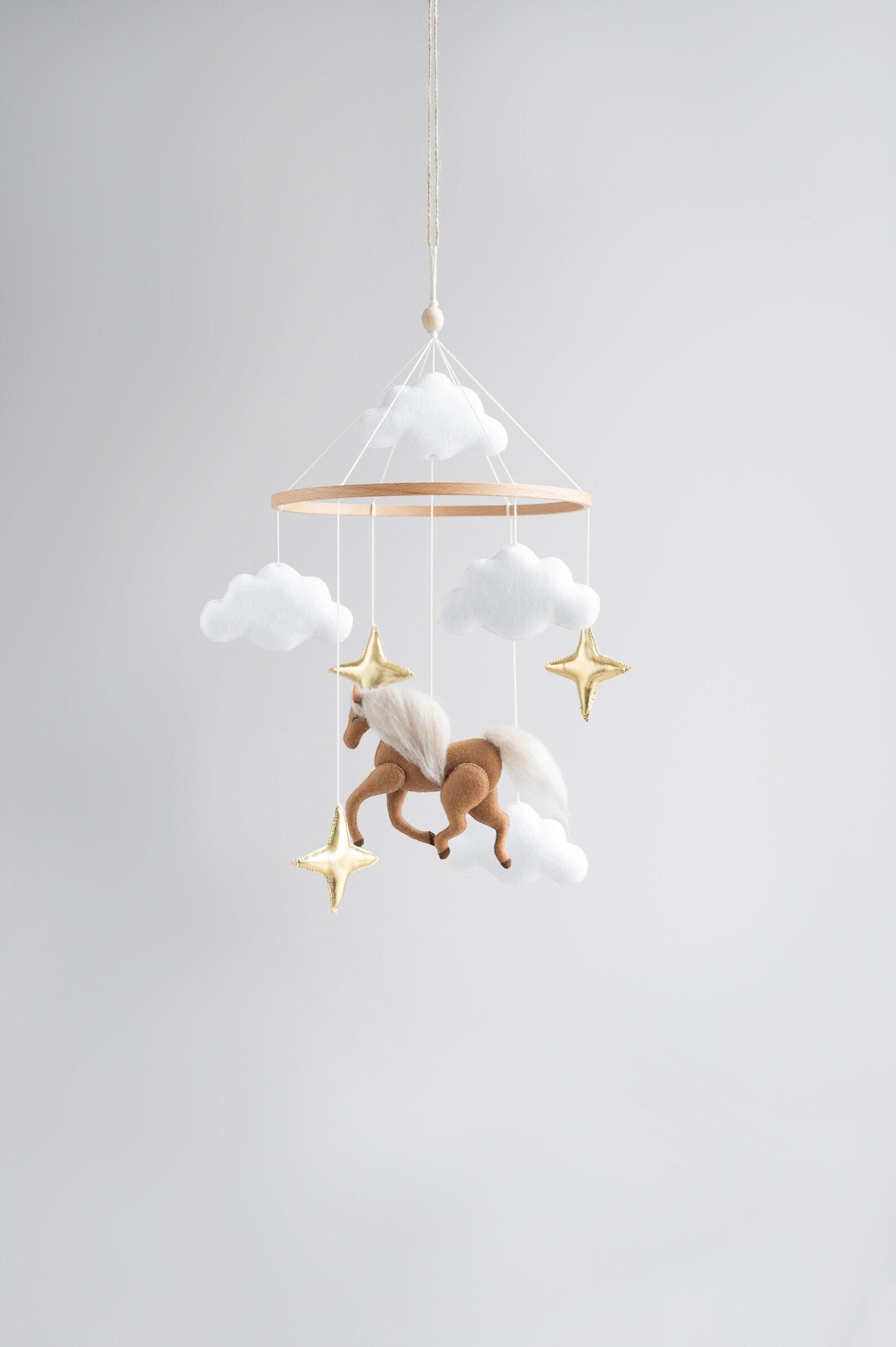 Horse baby mobile for neutral nursery clouds and gold stars Etsy