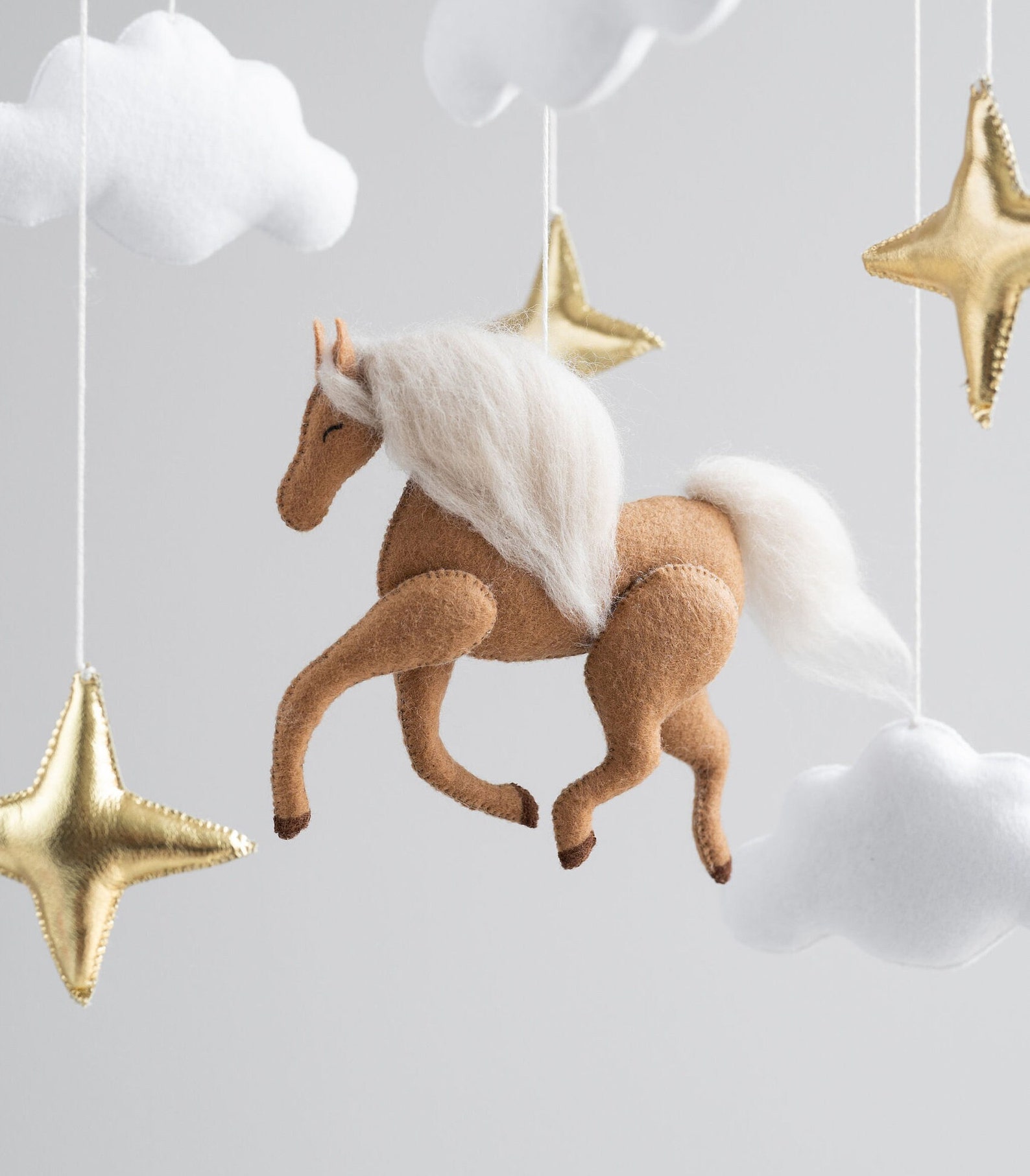 Horse baby mobile for neutral nursery clouds and gold stars Etsy