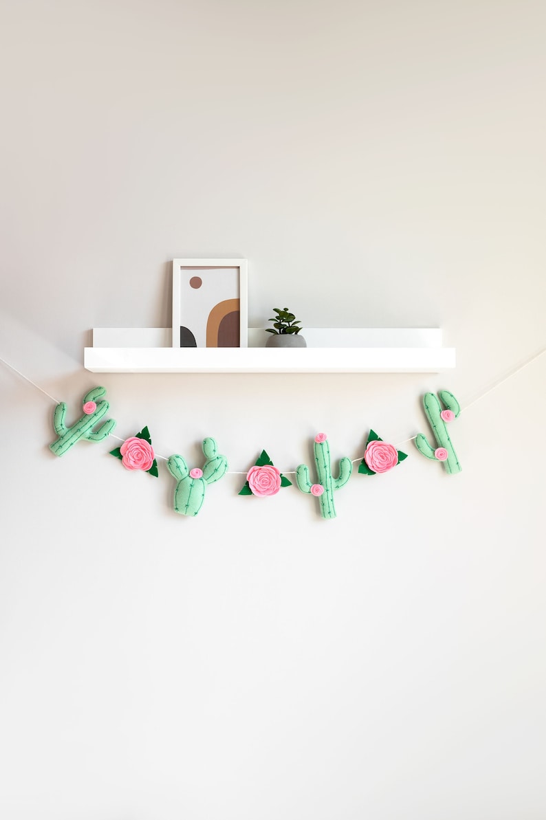 Nursery garland, cactus decor, succulent wall decor, felt flower image 1