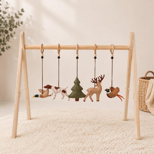 Woodland Baby Gym Decorations – Felt Forest Animals, Custom Dog