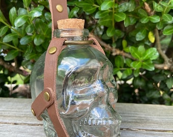 Glass Skull Potion Bottle with Brown Leather Straps and Brass Color Hardware