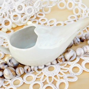 Gravy pot sauce server with long spout in elegant white ceramic. Antique French one piece gravy boat. Fine porcelain sauce dish 1800s.  Rare