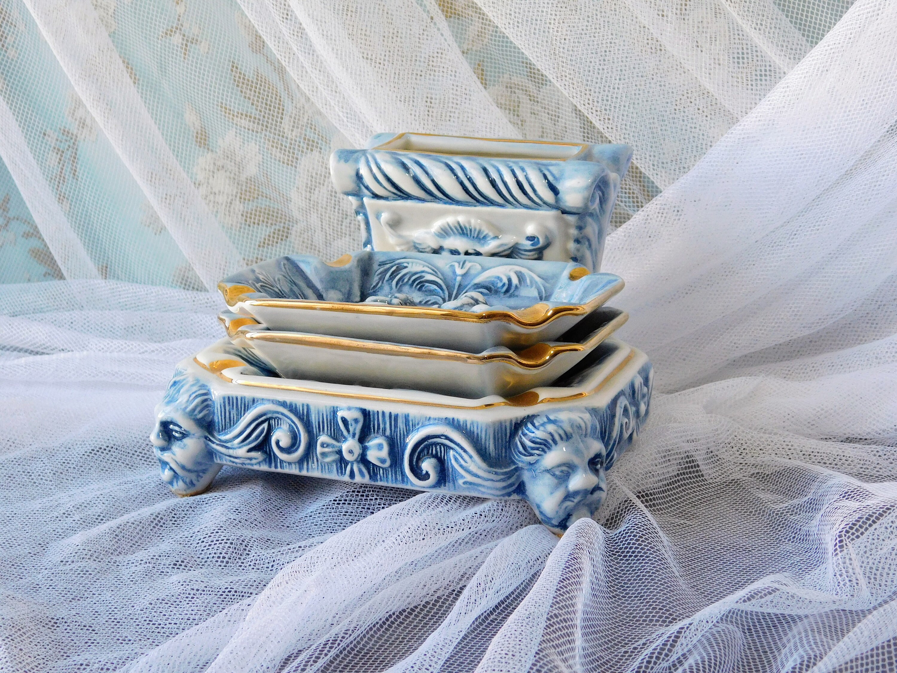 Vintage Capodimonte Ashtray Set: Blue Cherubs, Gold Trim, Made in