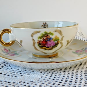 Luxury vintage porcelain tea set cup and plate Limoges. Rare collectible tableware porcelain Limoge Paris. The first communion.