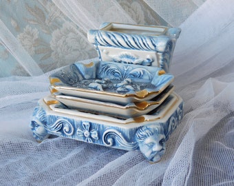 Vintage Capodimonte Ashtray Set: Blue Cherubs, Gold Trim, Made in