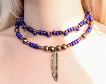 Purple geometric choker Art Deco style. Minimalist Japanese necklace. Gold feather pendant.  Feminist Jewelry. Gift for nonbinary.