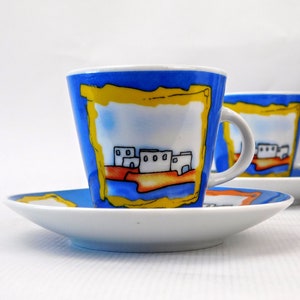 Vintage portuguese coffee porcelain set. Portuguese charming yellow blue breakfast set. Hand painted style Algarve, Portugal. Gift Portugal.