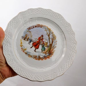 Antique France porcelain plate December ice skating. Vintage French decorative plate Nord Hamage & Moulin des Loups. Christmas gift