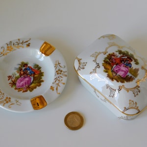 Vintage Limoges porcelain ashtray and tobacco box set with gold trim and romantic scenes, made in France. Gift idea