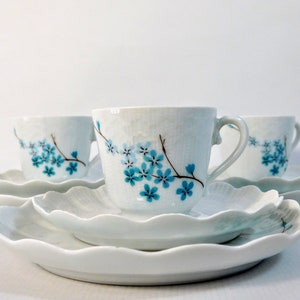 Limoges Giraud Corail Duos Porzellan Kaffee Set. Blaue Blume Kaffeetassen. Limoges Giraud Sauviat Set. Sammler Limoges Kaffee Tassen.