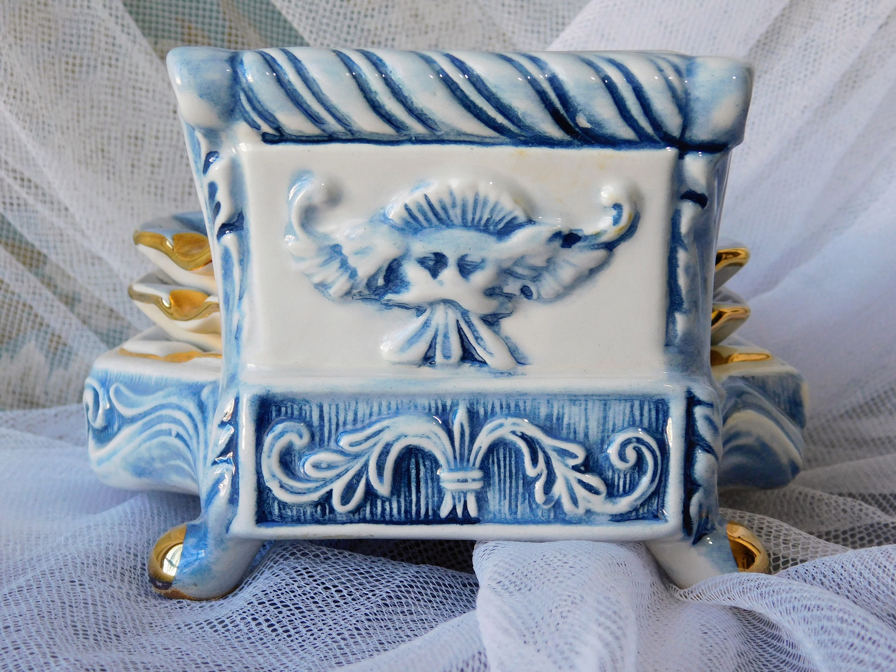 Vintage Capodimonte Ashtray Set: Blue Cherubs, Gold Trim, Made in