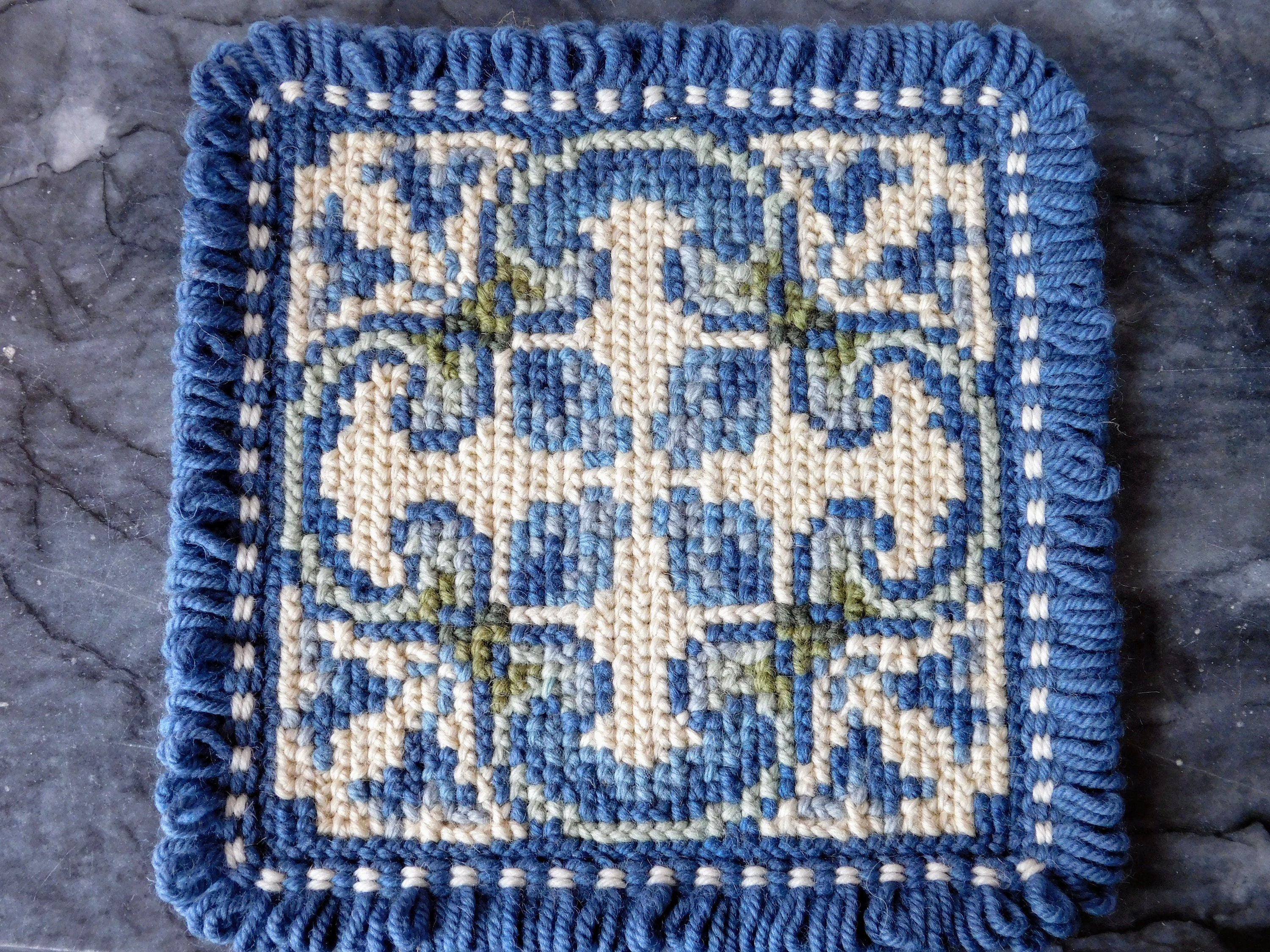 Classic Portuguese Arrailolos Needlepoint Handmade Rug. Small rug in classic Portuguese azulejo blue. Decorative rug wool and jute, handmade