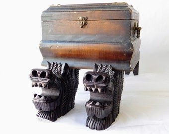 Vintage wooden Lion's head benches stands. Box base. Display stand for antique items decorative chests. Original home decor. Supporte trunks