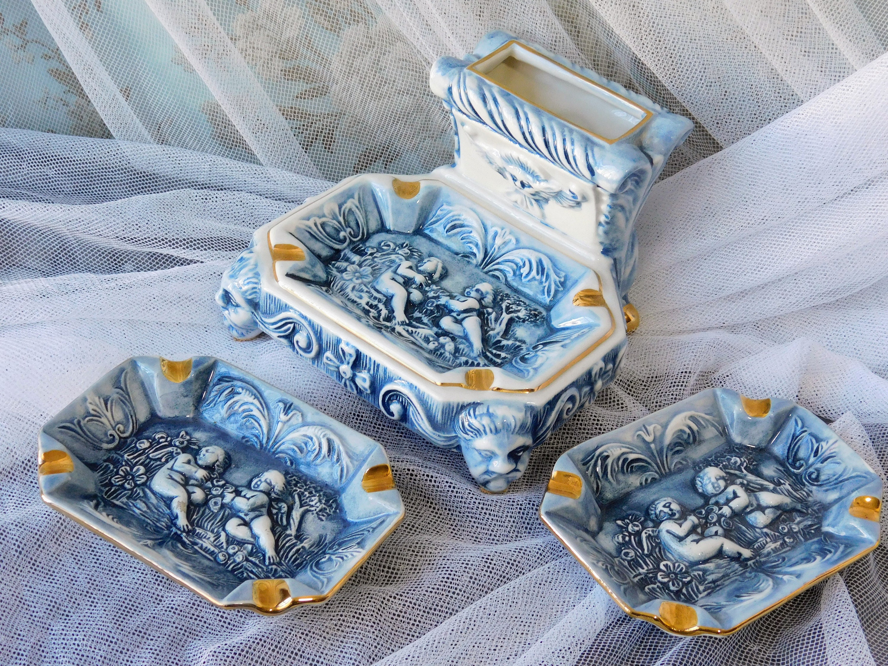 Vintage Capodimonte Ashtray Set: Blue Cherubs, Gold Trim, Made in