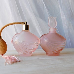 Pink Satin Glass Perfume Bottle Collection. Elegant Pink Glass Dressing Table Bottles. Vintage Art Glass Perfume Bottle with Floral Design.