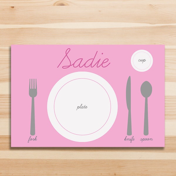 Montessori children's placemat printable 11x17 | personalized name place setting | kids educational placemat | cursive | digital download