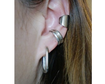 sterling silver earring sets/thick Earlobe cuff/chunky ear cuffs/ear wrap/silver ear clip/rectangular hoops