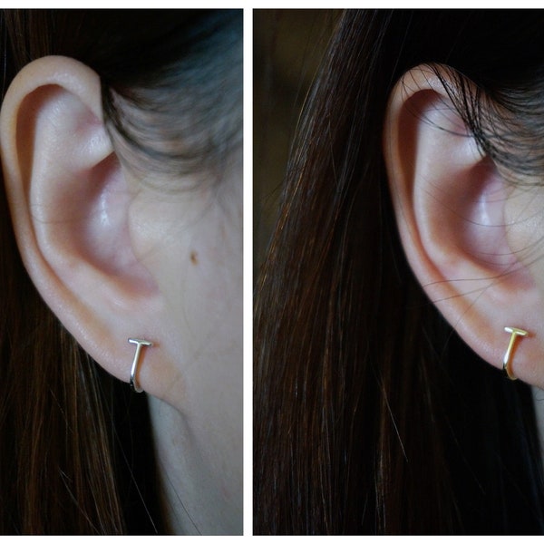 Sterling silver T shape huggies hoop earrings/bar hoop earrings/gold tiny hoop earrings/minimalist hoop earrings/