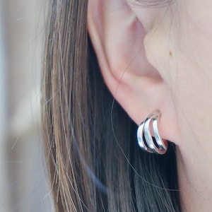 Sterling silver TRIO Hoops/Triple Huggie Hoop Earrings/Chunky Triple Hoop Earring/multiple hoop earrings/hoop earrings with stud fitting