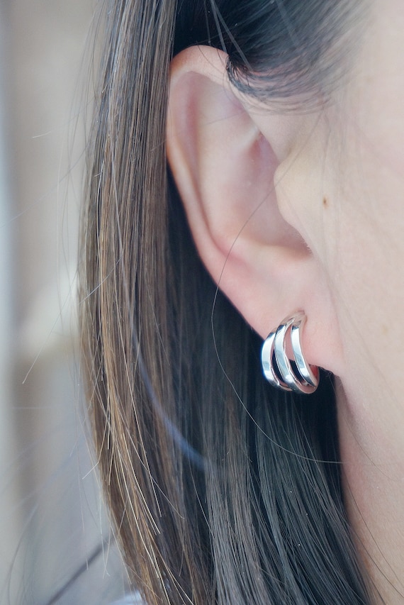 Buy Sterling Silver TRIO Hoops/triple Huggie Hoop Earrings/chunky