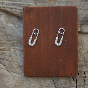 May include: A pair of silver-colored safety pin earrings with clear, sparkling stones. The earrings are displayed on a small, rectangular, dark brown wooden block, set against a weathered, light brown wooden surface.